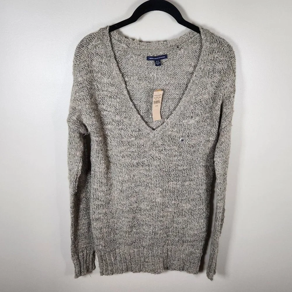 American Eagle Tunic Sweater Womens Beige Deep V Neck Knit Cottagecore Y2K New - Picture 1 of 15